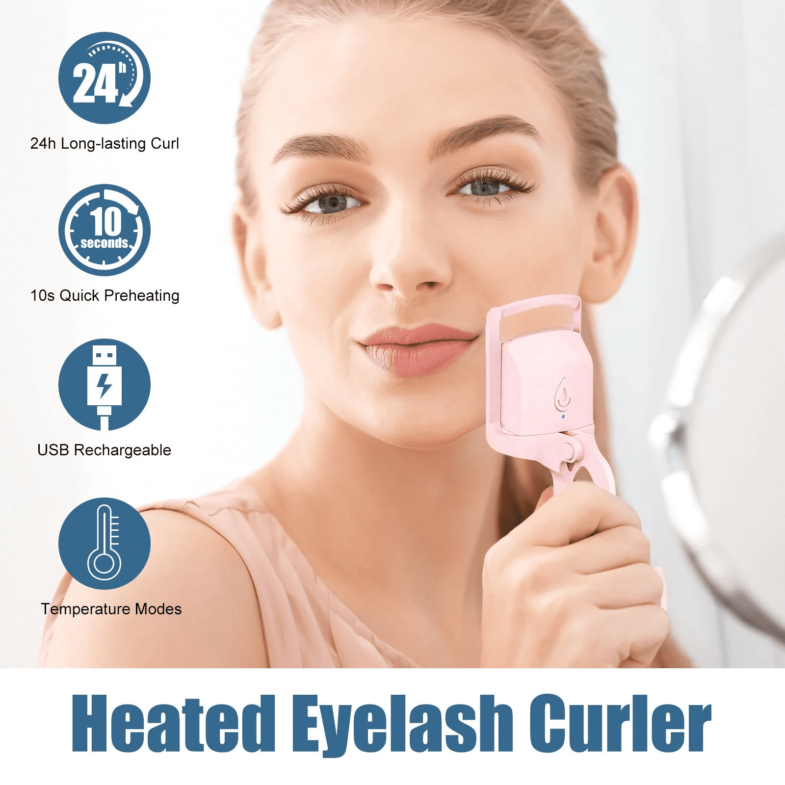 Heated Eyelash Curler for Women, USB Rechargeable Lash Curler for Various Eye Types, Long Lasting Ironing Electric Eyelash Curlers with Silcone Pad