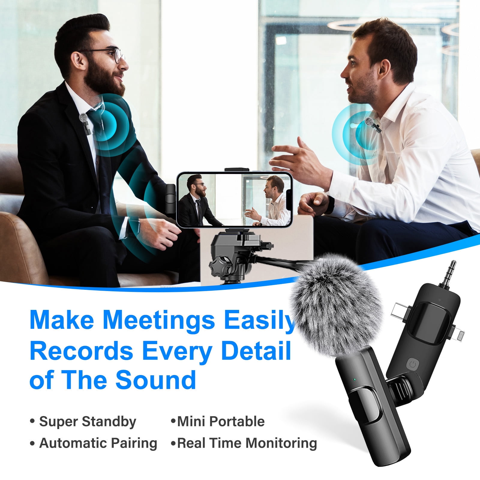 3 in 1 Wireless Lavalier Microphone for iPhone, Android, Camera, Noise Reduction Mini Microphone, Wireless Microphones Double Mics for Video Recording Vlog Podcast