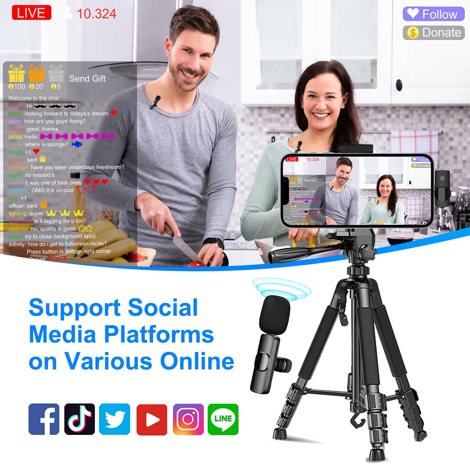 3 in 1 Wireless Lavalier Microphone for iPhone, Android, Camera, Noise Reduction Mini Microphone, Wireless Microphones Double Mics for Video Recording Vlog Podcast