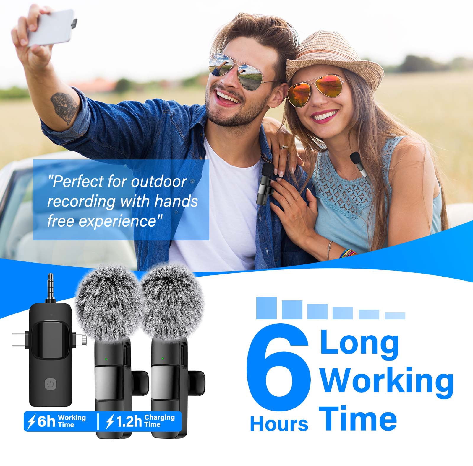 3 in 1 Wireless Lavalier Microphone for iPhone, Android, Camera, Noise Reduction Mini Microphone, Wireless Microphones Double Mics for Video Recording Vlog Podcast