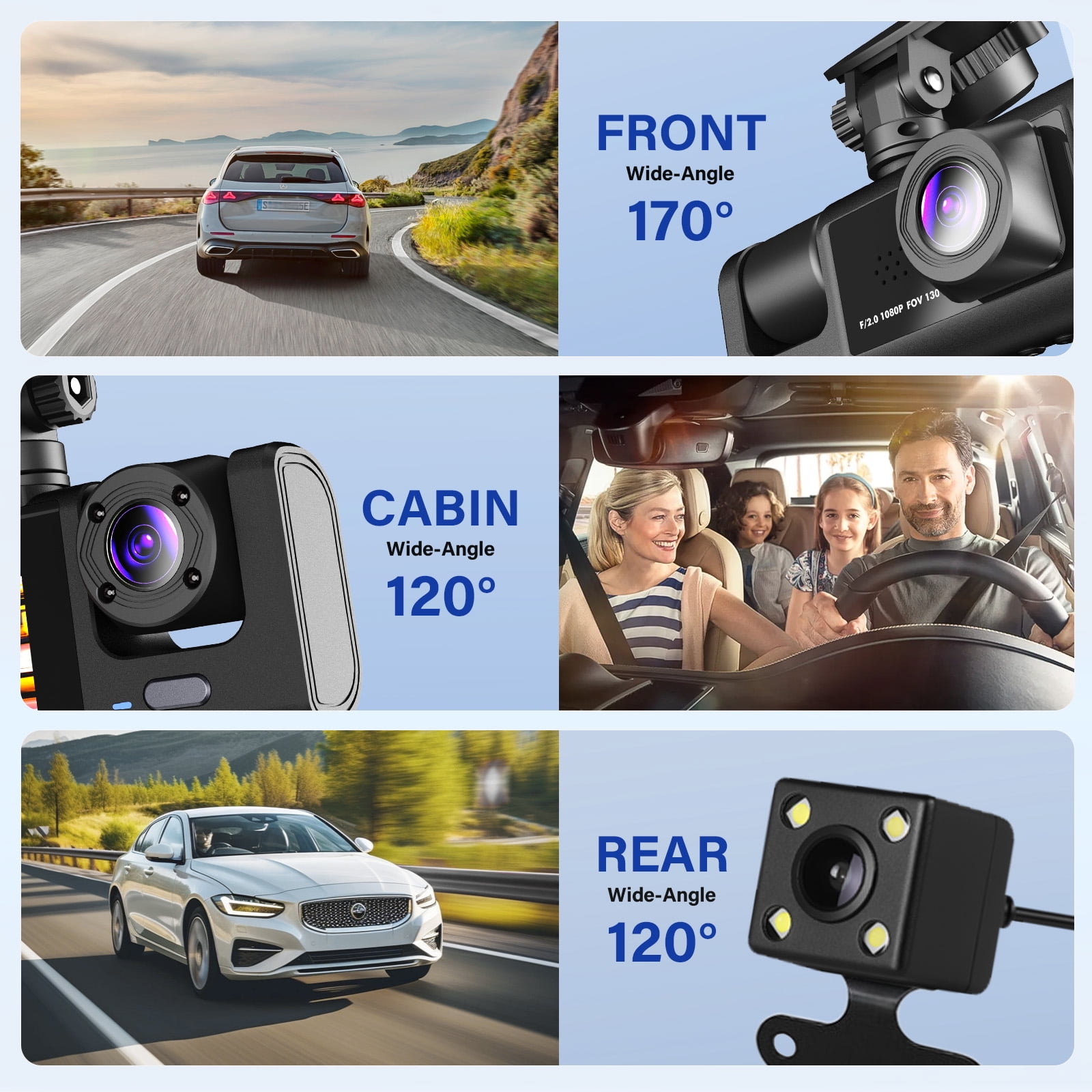 Dash Cam Front and Rear, 3 Channel Dash Cam, 1080P Dash Camera for Cars, Built-in Wi-Fi, Night Vision, WDR, Loop Recording, G-Sensor, Parking Mode