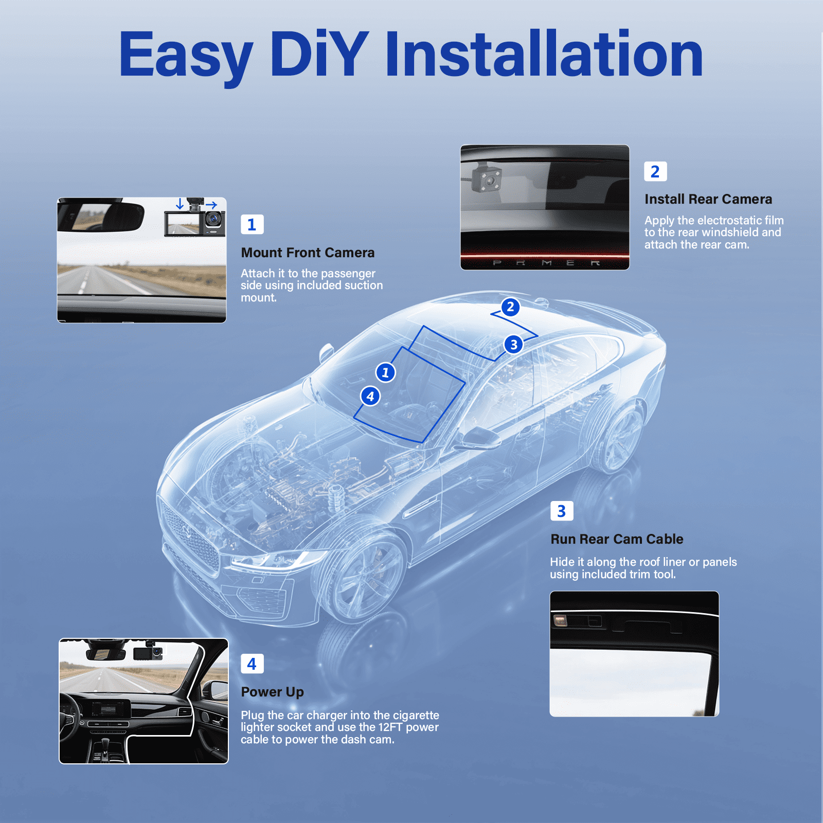 Dash Cam Front and Rear, 3 Channel Dash Cam, 1080P Dash Camera for Cars, Built-in Wi-Fi, Night Vision, WDR, Loop Recording, G-Sensor, Parking Mode