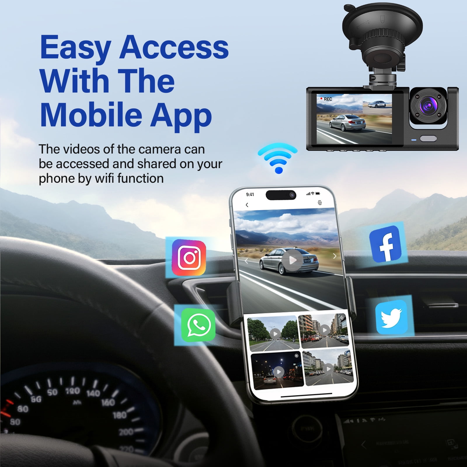Dash Cam Front and Rear, 3 Channel Dash Cam, 1080P Dash Camera for Cars, Built-in Wi-Fi, Night Vision, WDR, Loop Recording, G-Sensor, Parking Mode