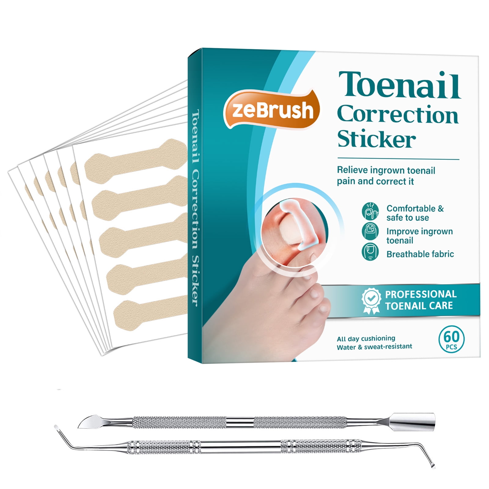 Ingrown Toenail Treatment Tool, No Glue 60Pcs Ingrown Toenail Corrector Patch, Professional Ingrown Toenail Removal Kit with 2 Pedicure Tools for Ingrown Toenail Remover